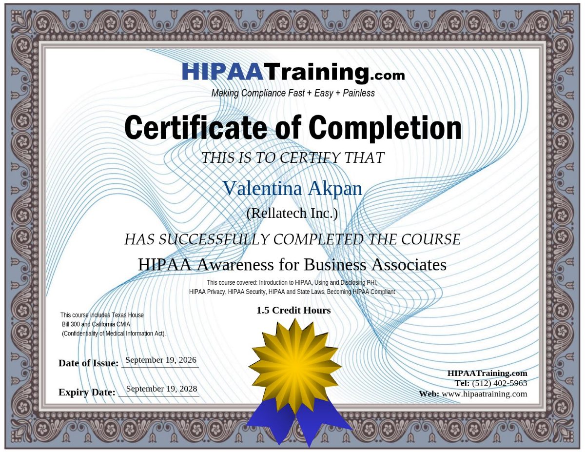 HIPAA Awareness for Business Associates training certificate for Valentina Akpan