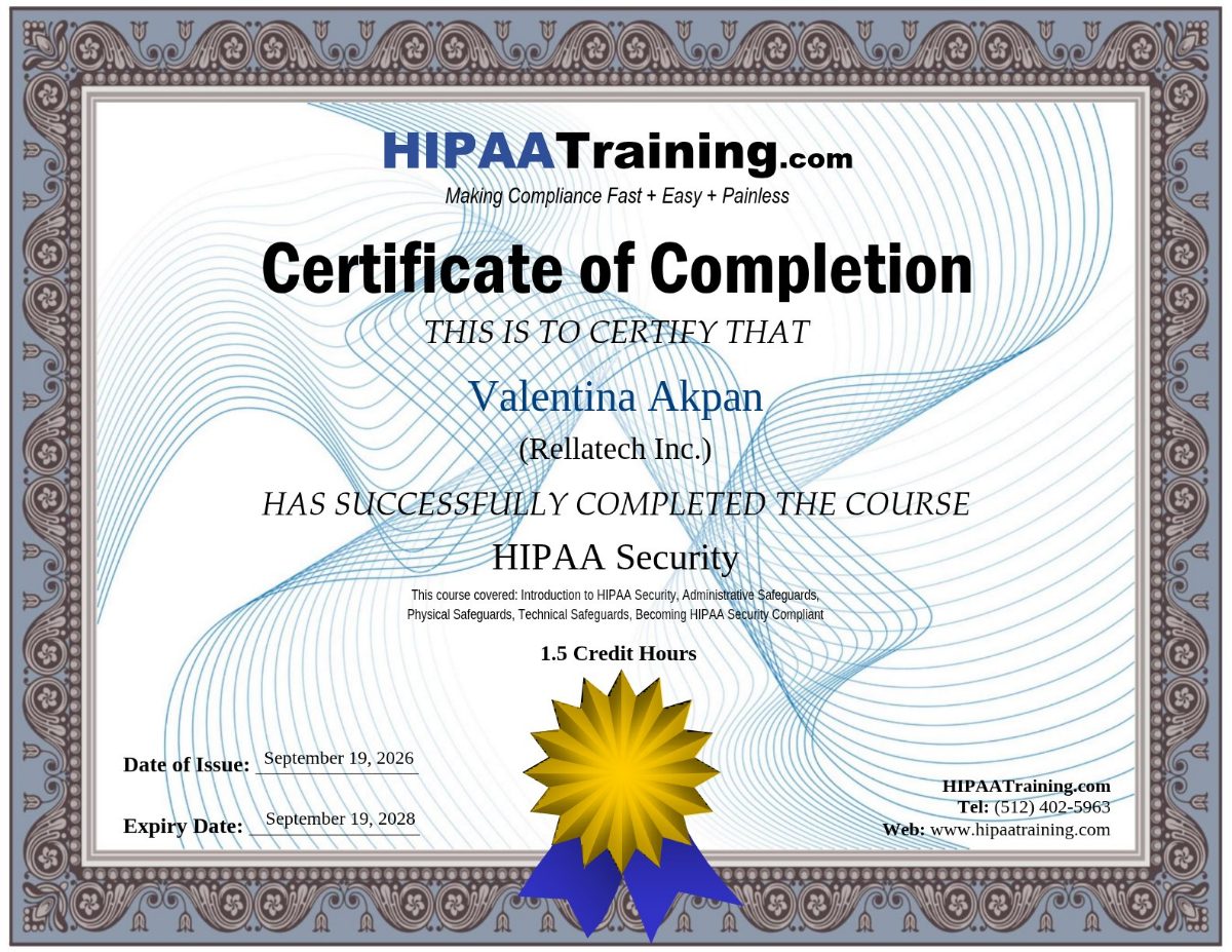 HIPAA Security training certificate for Valentina Akpan